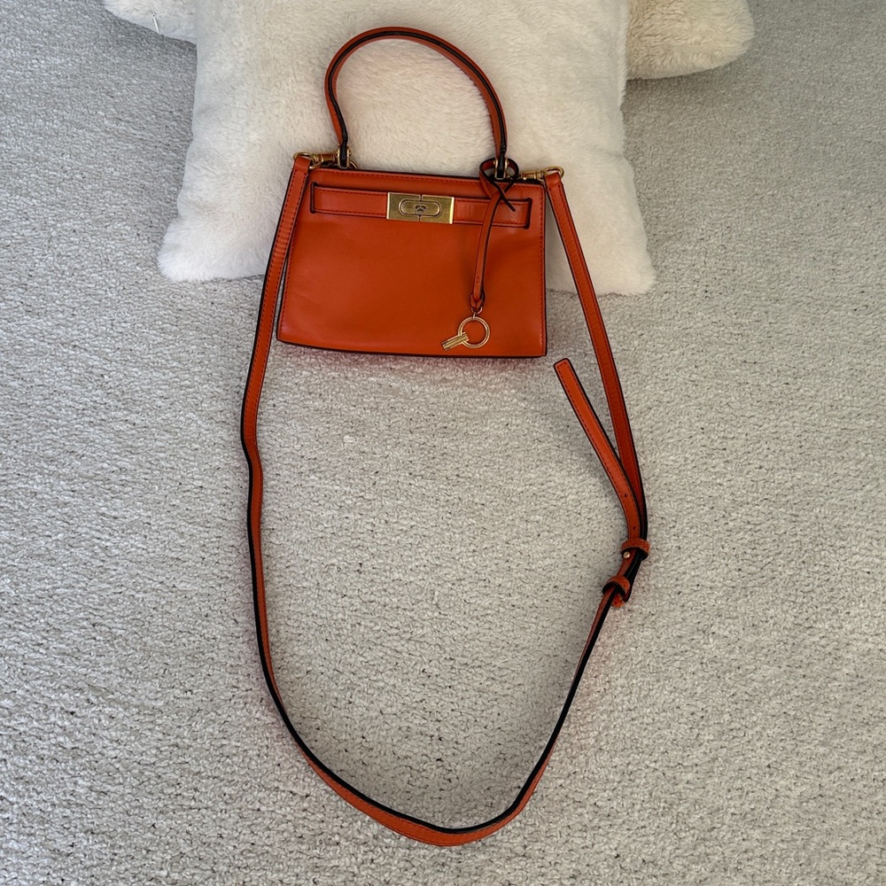 Tory Burch Lee Radziwill Petite Bag Orange Italian Leather Gold Hardware Handle - Picture 8 of 16